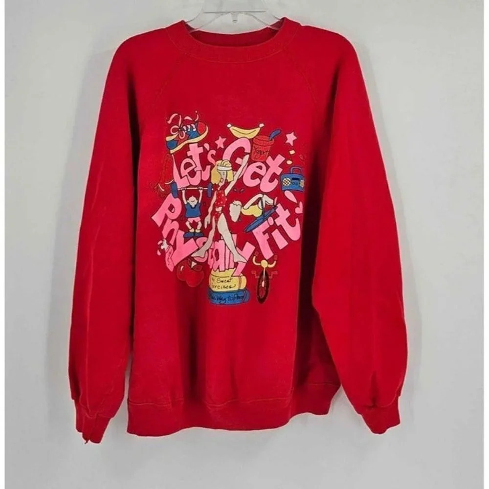 VTG Hanes Sport Red Graphic 'Lets Get Physically Fit' Long Sleeve Sweatshirt XL